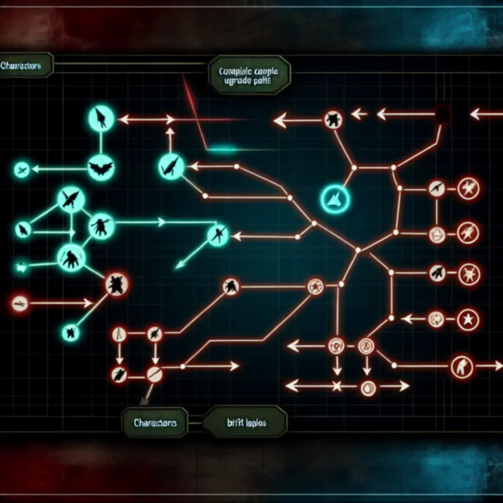 Schemat pokazujący powiązania i synergie pomiędzy różnymi ulepszeniami w 20 Minutes Till Dawn
