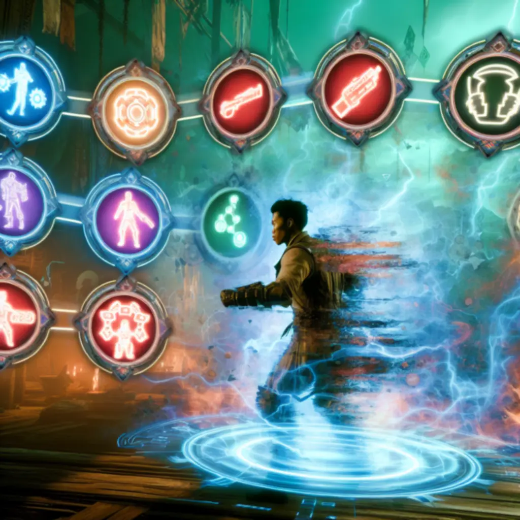 Ekran konfiguracji postaci z neonowymi ikonami broni i ulepszeń