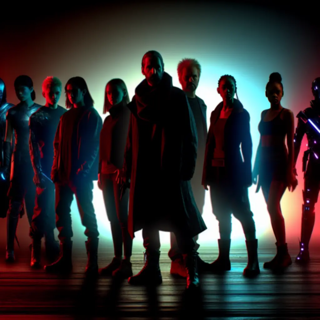 Grupa bohaterów 20 Minutes Till Dawn stojąca w świetle neonowych reflektorów