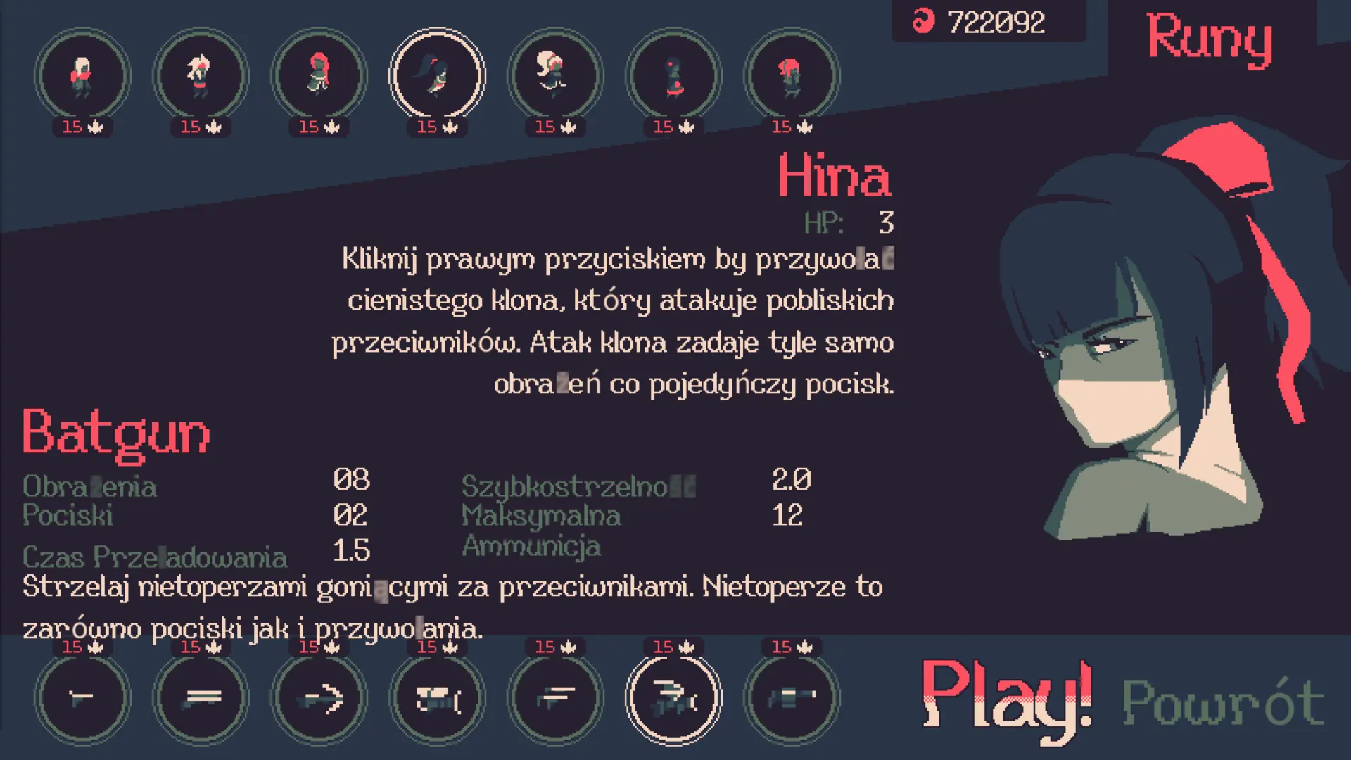 Siatka prezentująca różne buildy postaci i ulepszeń w 20 Minutes Till Dawn