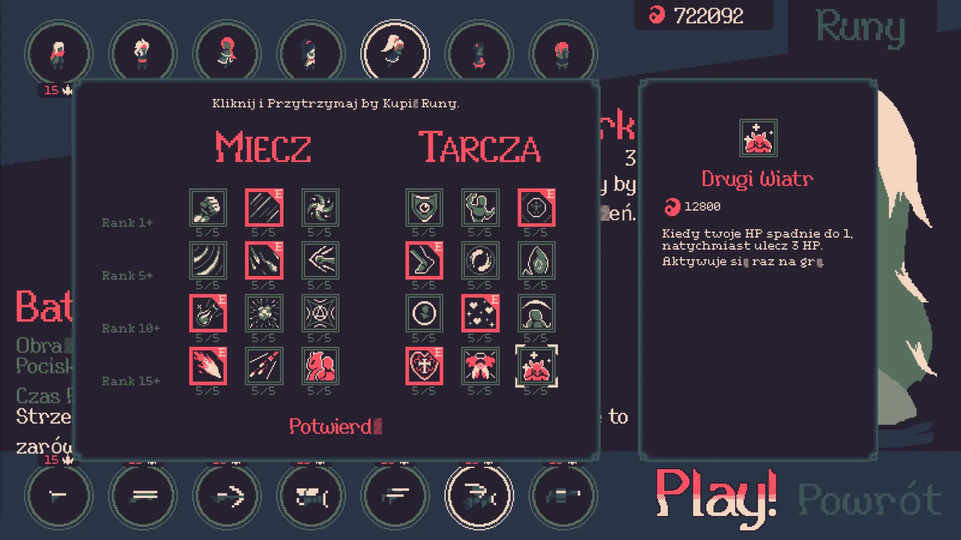 Siatka prezentująca różne buildy postaci i ulepszeń w 20 Minutes Till Dawn