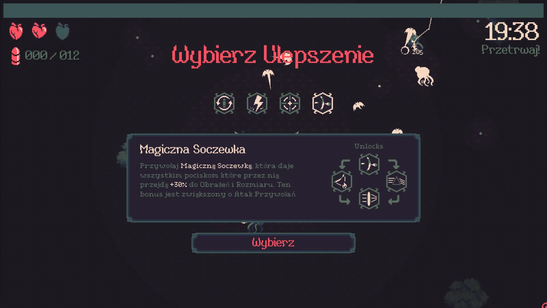 Siatka prezentująca różne buildy postaci i ulepszeń w 20 Minutes Till Dawn