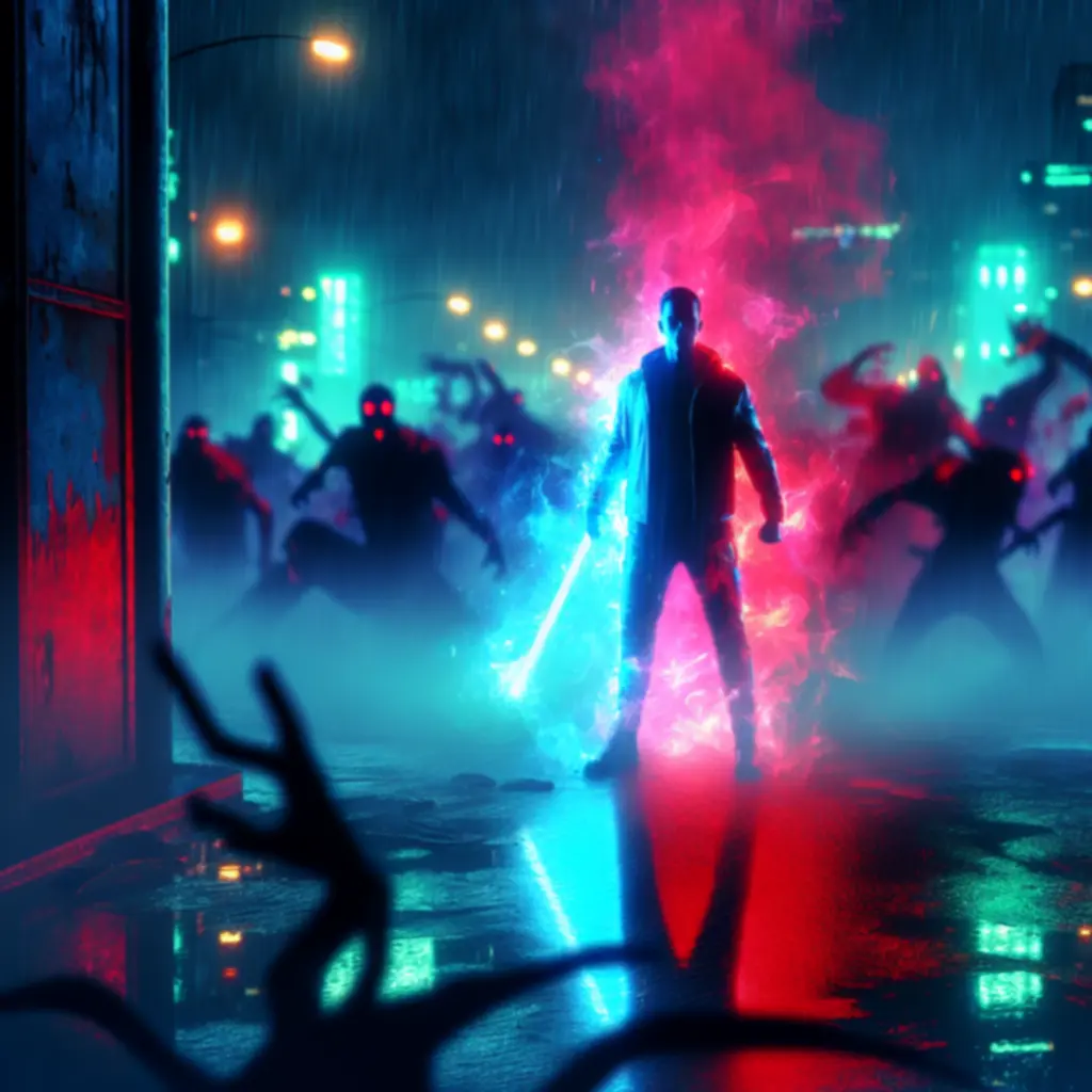 Kinowa stopklatka z oficjalnego trailera 20 Minutes Till Dawn z neonowym, mrocznym tłem.