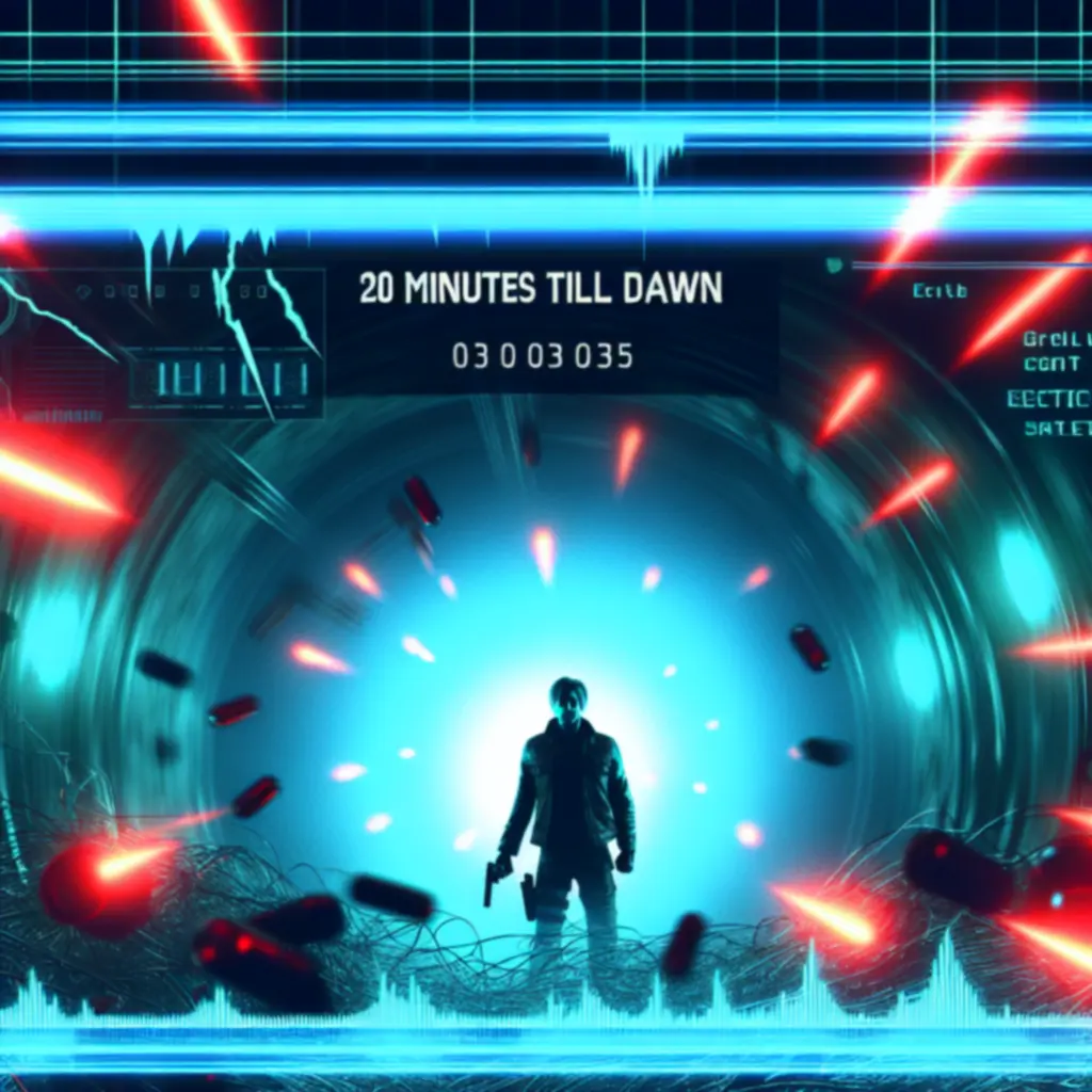 Neonowa, mroczna scena akcji z 20 Minutes Till Dawn podkreślająca atmosferę najnowszej aktualizacji