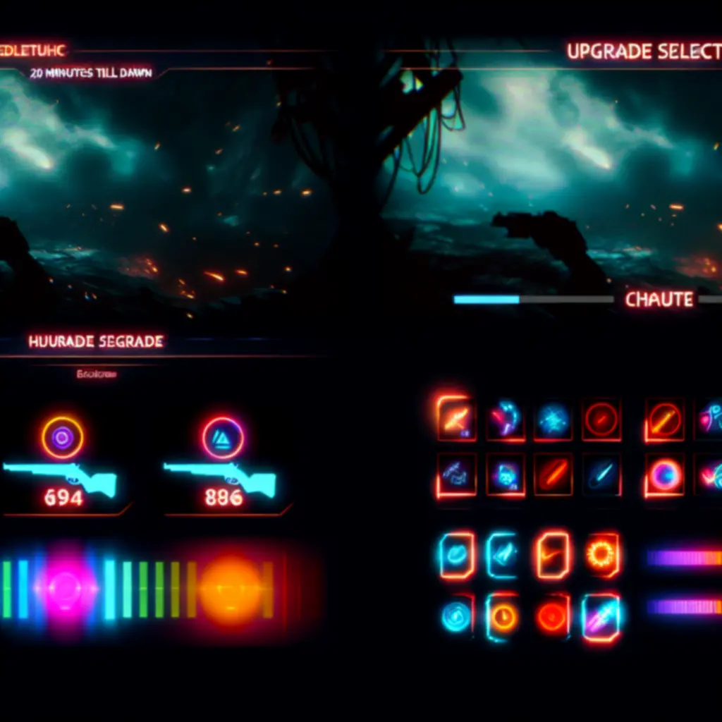 Interfejs menu ulepszeń z wyborem upgrade'ów w 20 Minutes Till Dawn