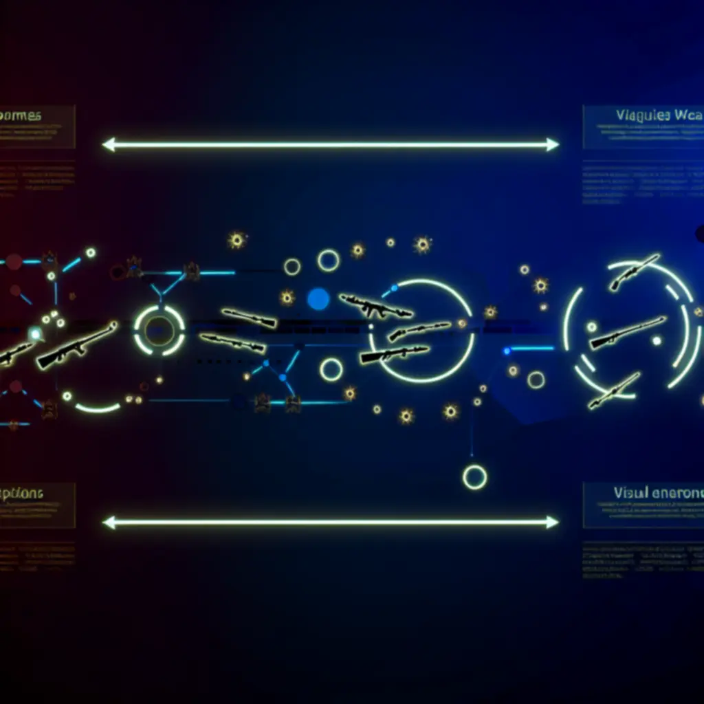 Schemat neonowych powiązań między bronią, postaciami i ulepszeniami