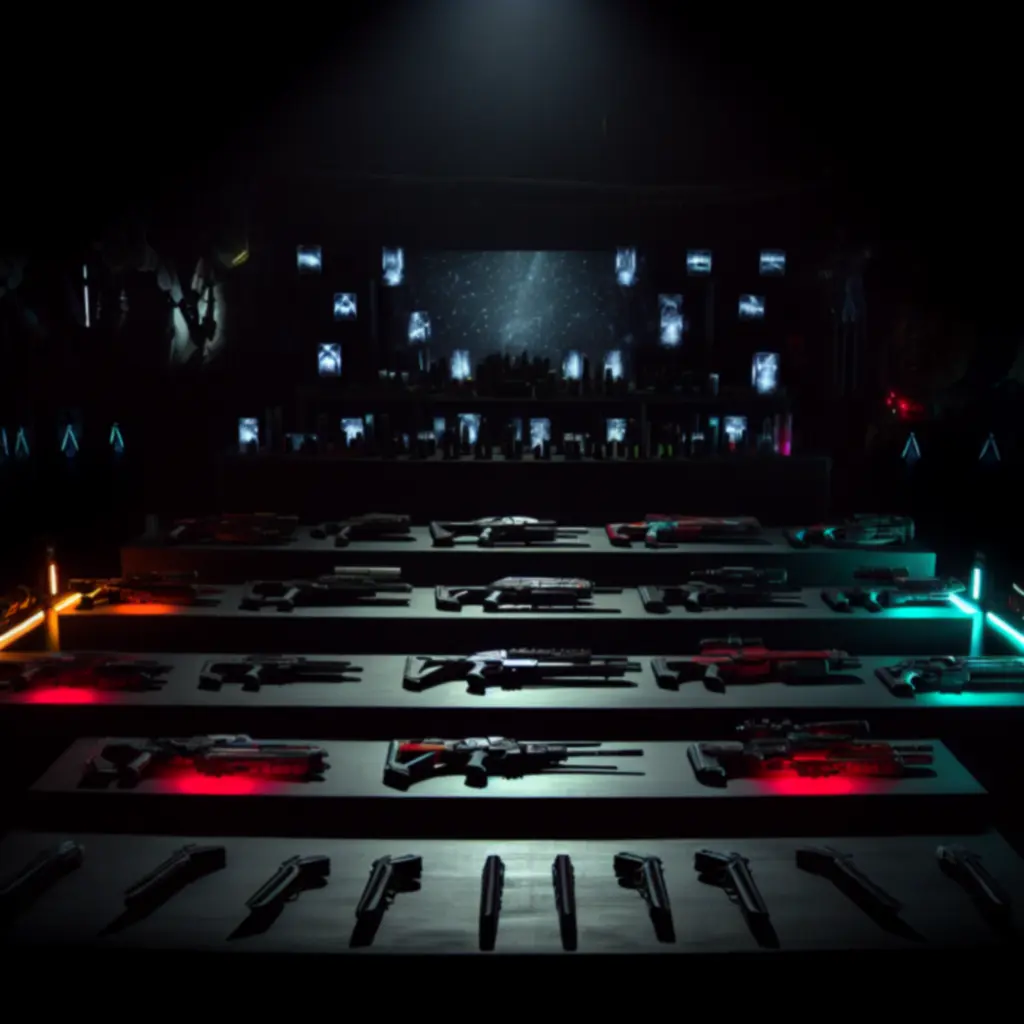 Siatka broni z 20 Minutes Till Dawn na ciemnym neonowym tle